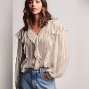 Cream-colored, sheer, long-sleeve Next Neutral Sheer Long Sleeve blouse
